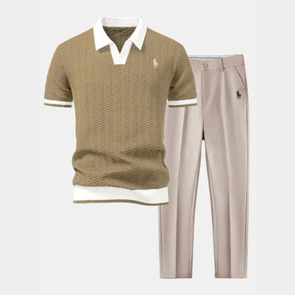 V-Neck Cotton-Blend Shirt and Tapered Pants Set